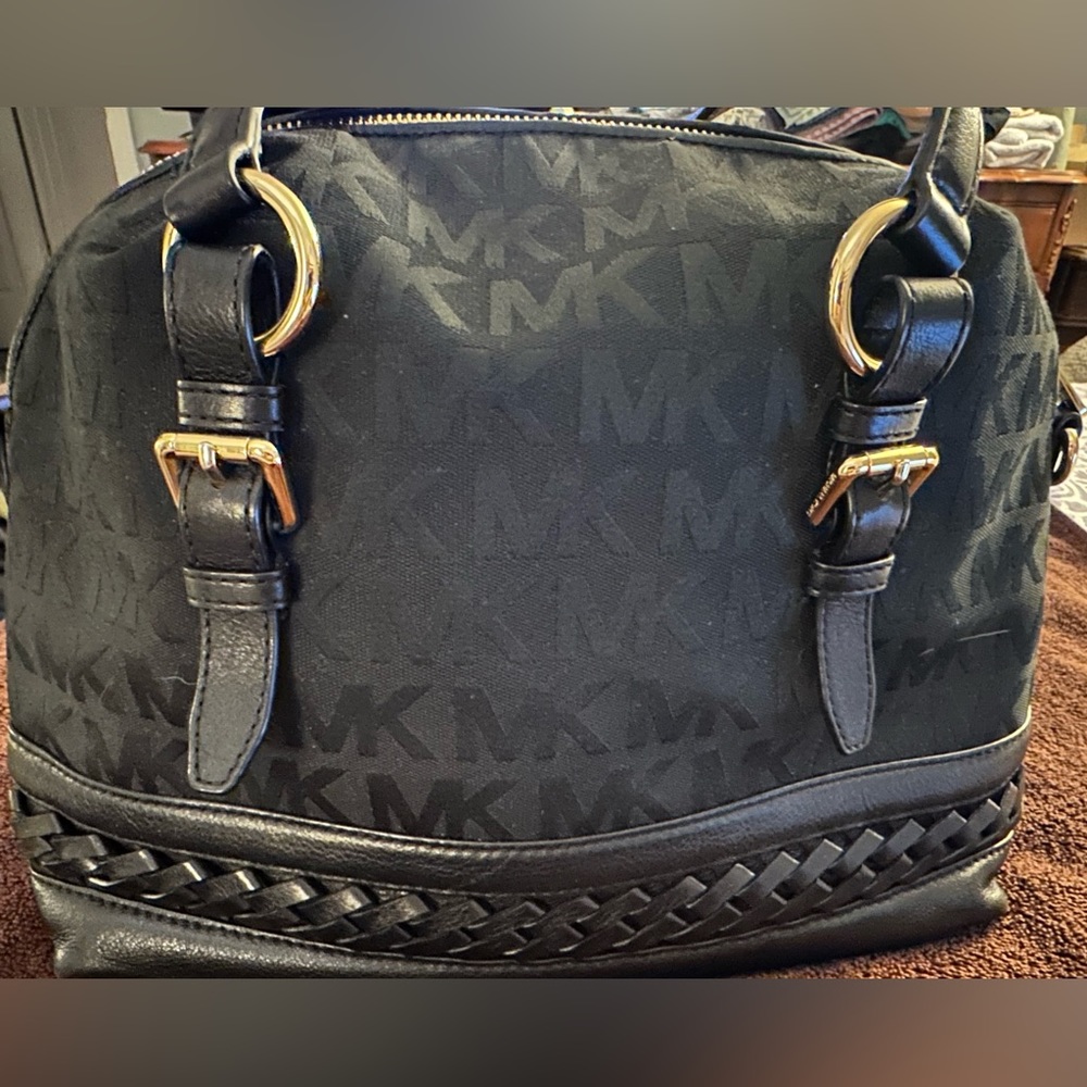 Michael Kors genuine black leather and fabric two handle satchel bag